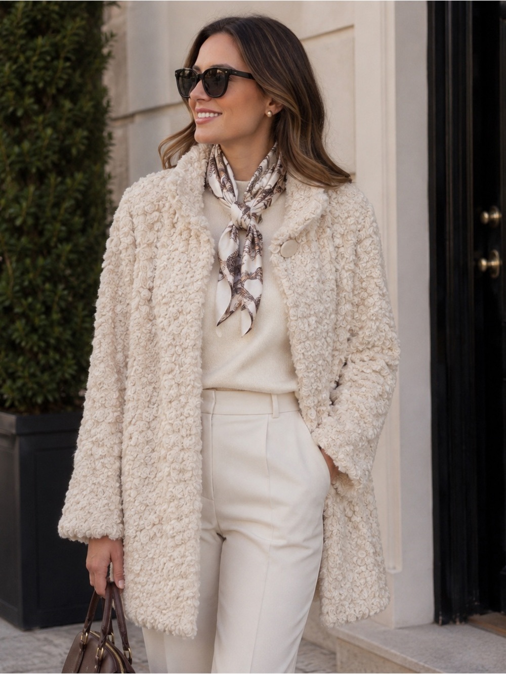 Dennis Basso Textured Rosette Faux Fur A-line Coat Size M